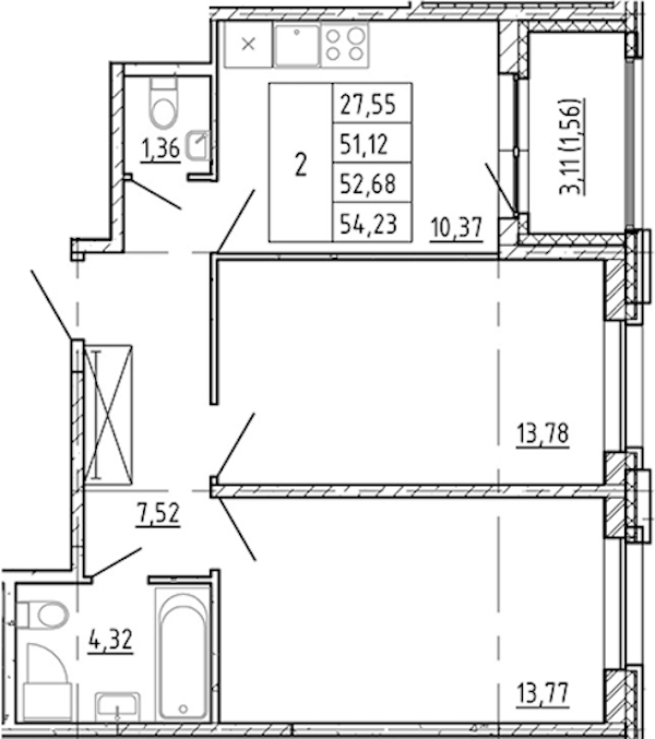 2-комнатная квартира 51.12 м², 1/12 эт., ЖК «Полис Новоселье»